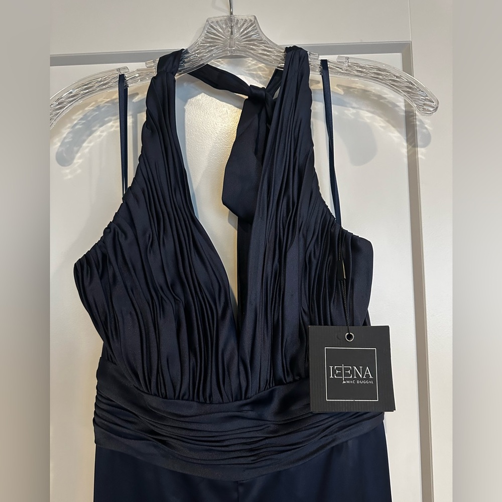 Ieena for Mac Duggal Navy Ruched Halter Top Wide Leg Satin Jumpsuit NWT, Sz 4 - Picture 4 of 9